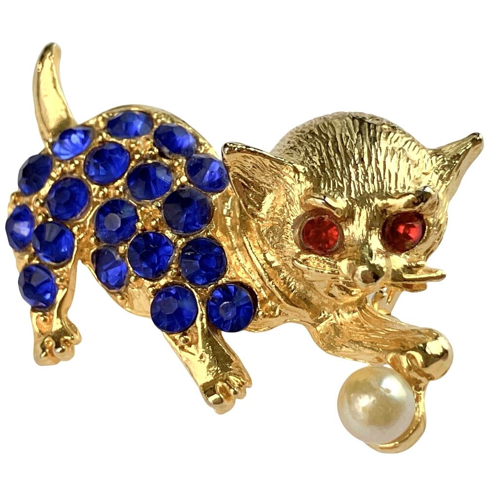 VTG Whimsical Figural Cat Brooch Gold Tone Red Blue Rhinestone Playful Pin